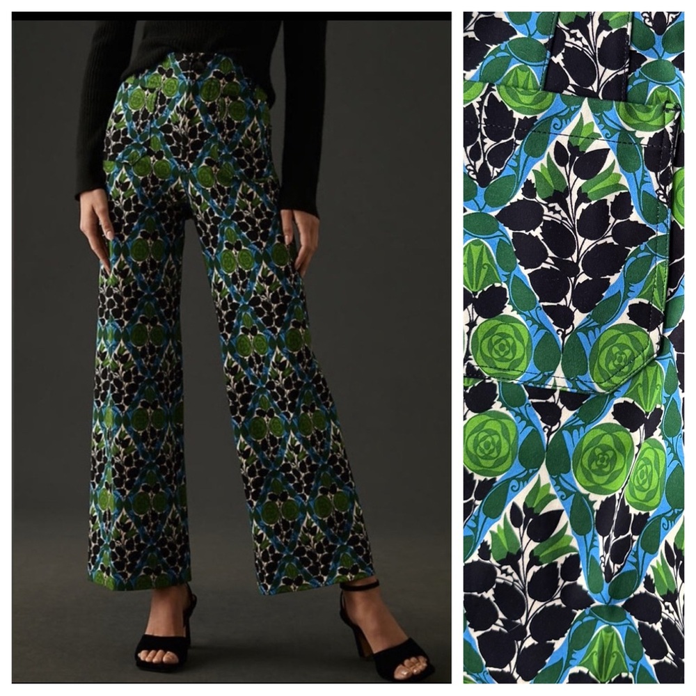 Anthropologie Blue, Green & Black Wide-Leg Printed Pants